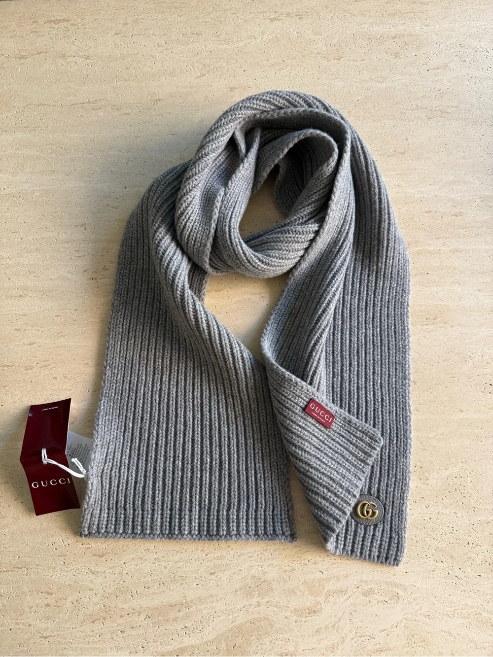 NWT Gucci Grey GG Logo Wool-Cashmere Rectangular Scarf Unisex